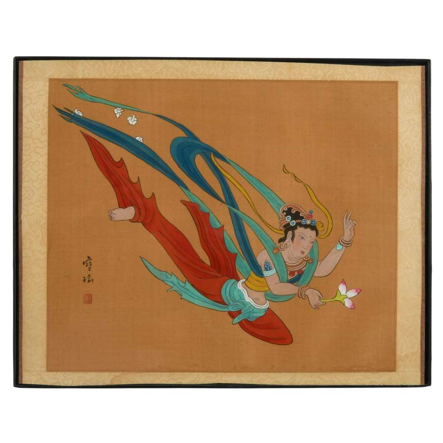 Set of Four Signed Chinese Flying Apsara Silk Paintings-2