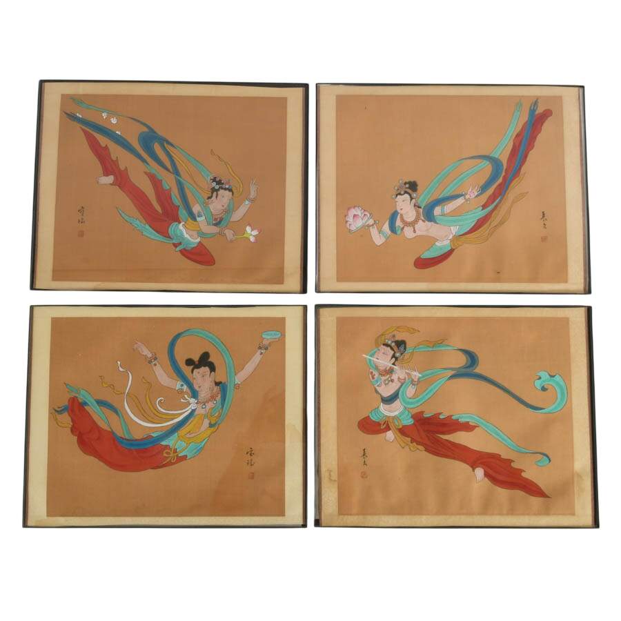 Set of Four Signed Chinese Flying Apsara Silk Paintings-1