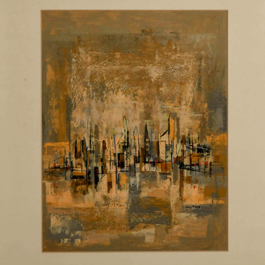 Mid-Century Modern Abstract Cityscape Oil on Canvas Signed Layton-2