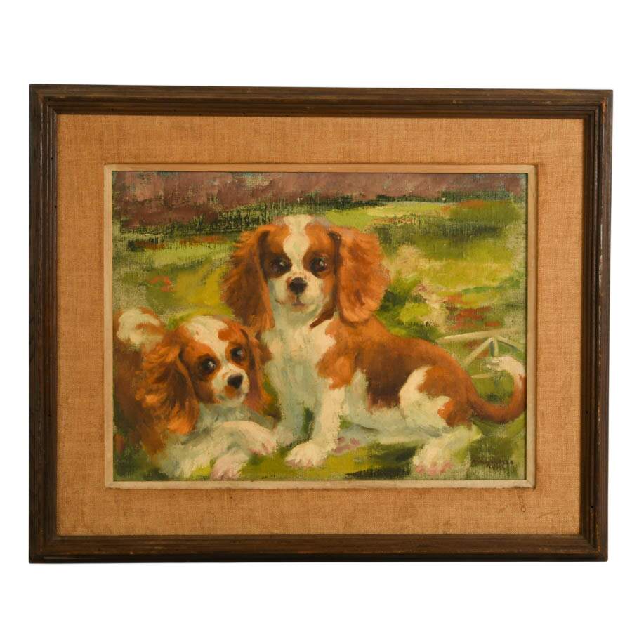 Framed Cavalier King Charles Spaniels Oil on Board Signed Amy Jones 1972-1