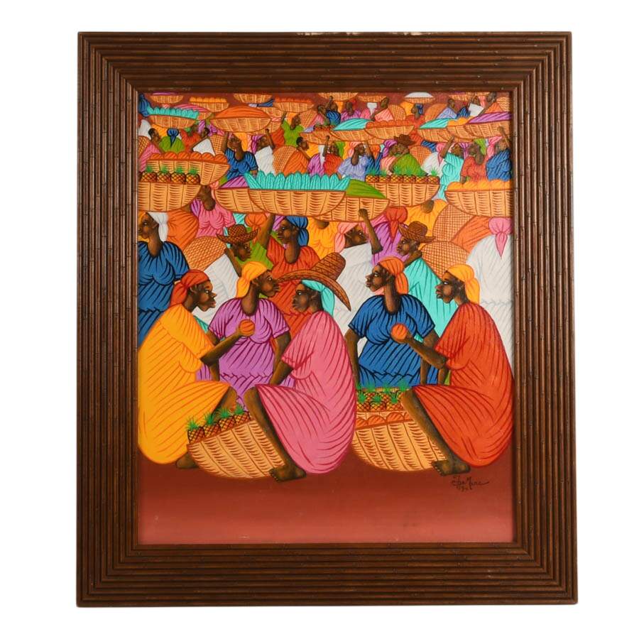 Framed "El mercado" Oil on Canvas Signed by Tye Marc-1