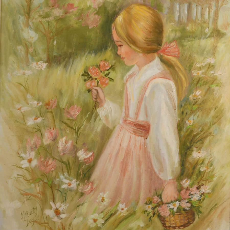 Framed Girl Picking Flowers Oil on Canvas Signed by Margery Doyle-2