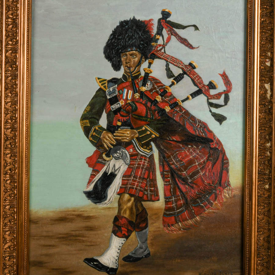 Framed Scots Guards Bagpiper Oil on Canvas Signed by Winifred Banks-2
