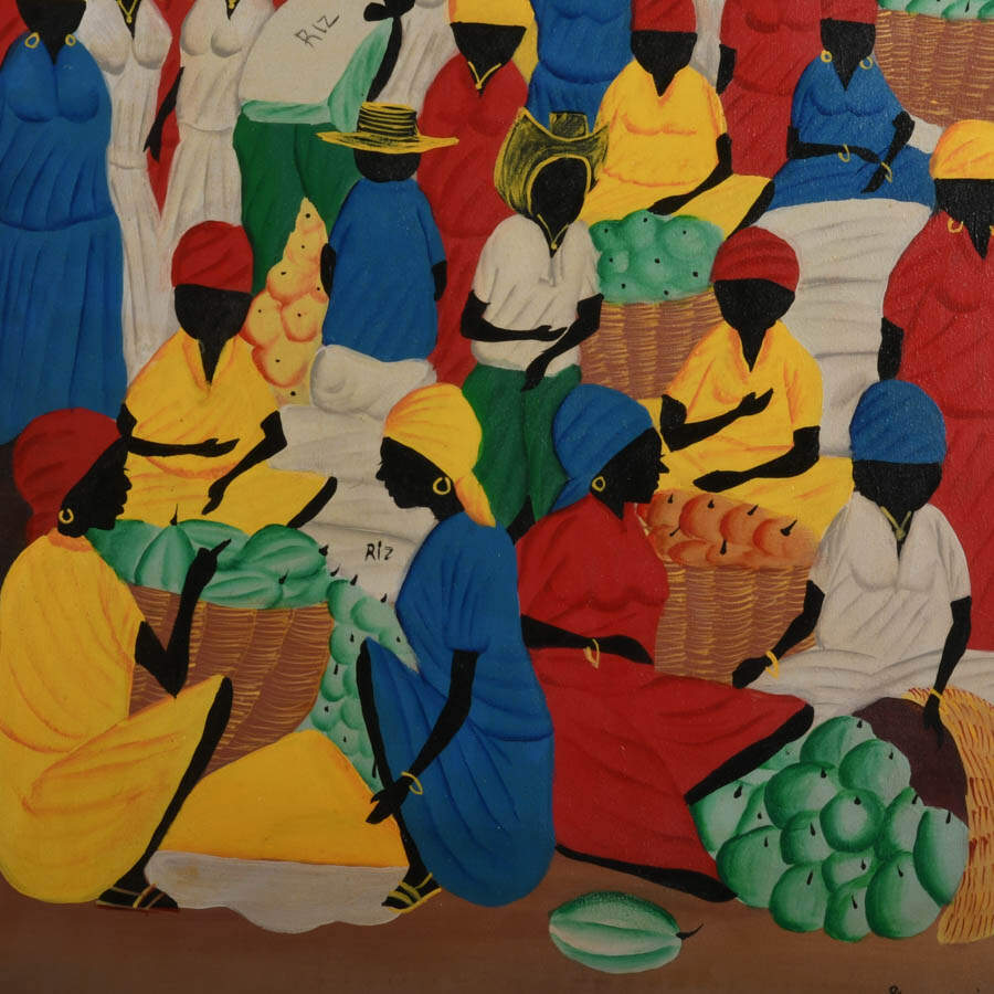 Framed Haitian Market Scene Oil on Canvas Signed Ernst J.J.-2