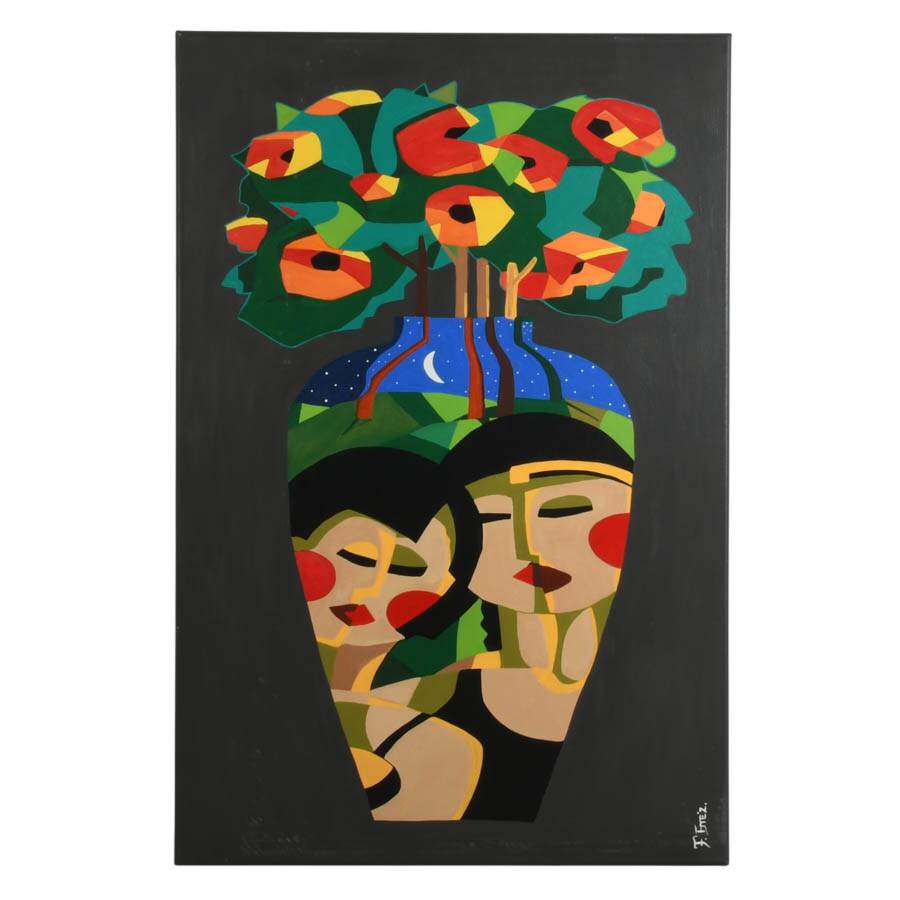 Cubist Pop-Art Floral Acrylic on Canvas Signed Freddy Gomez-1