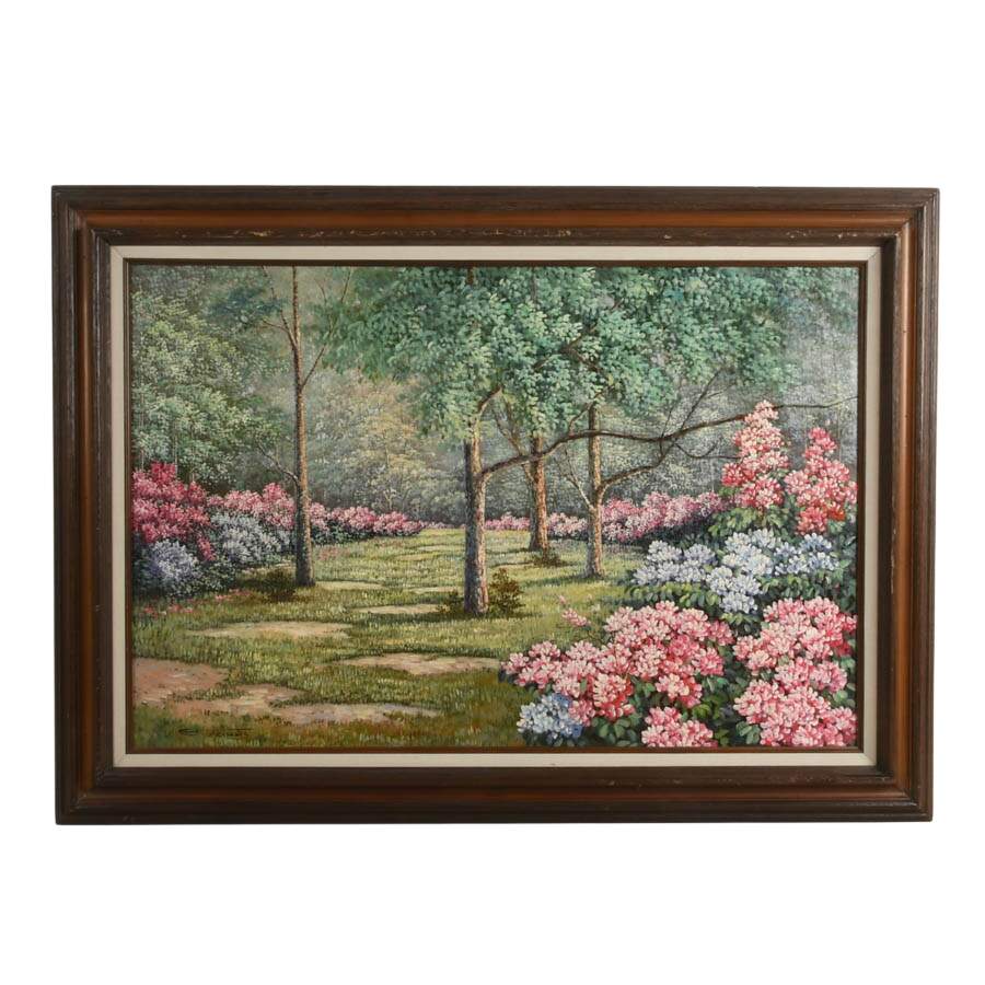 Framed Azalea Landscape Oil on Canvas Signed E. Francois-1