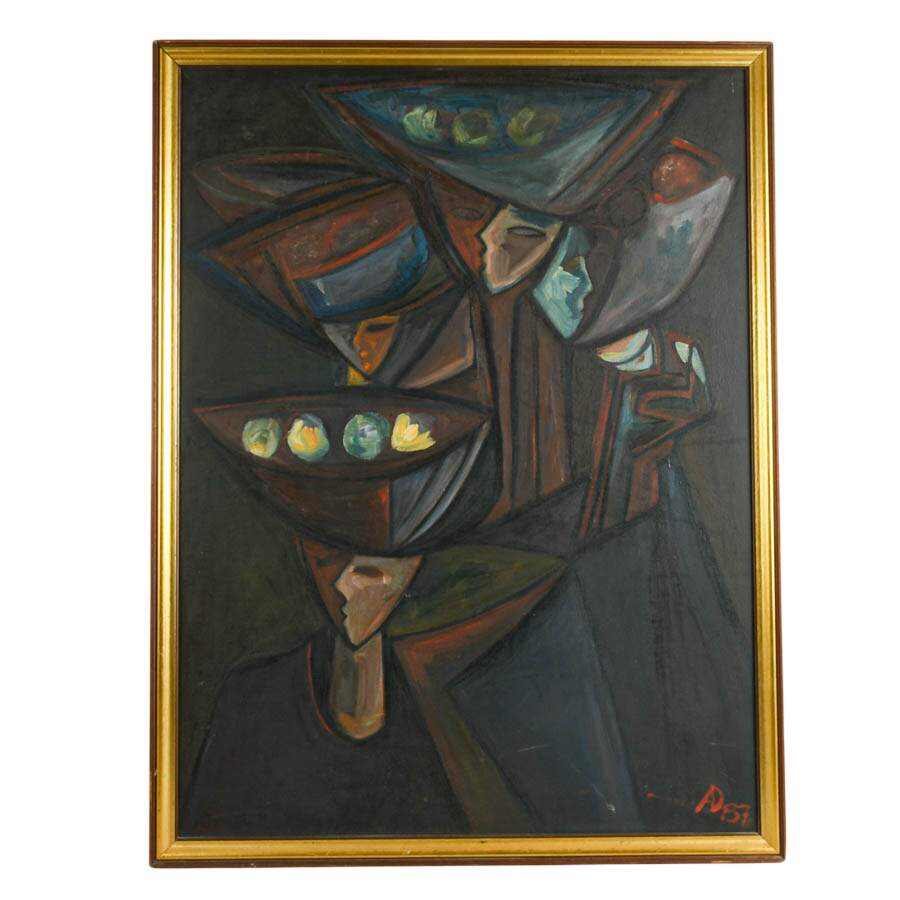 Framed "Canasteras en la Noche" Oil on Board Signed by Asdrúbal Domínguez-1