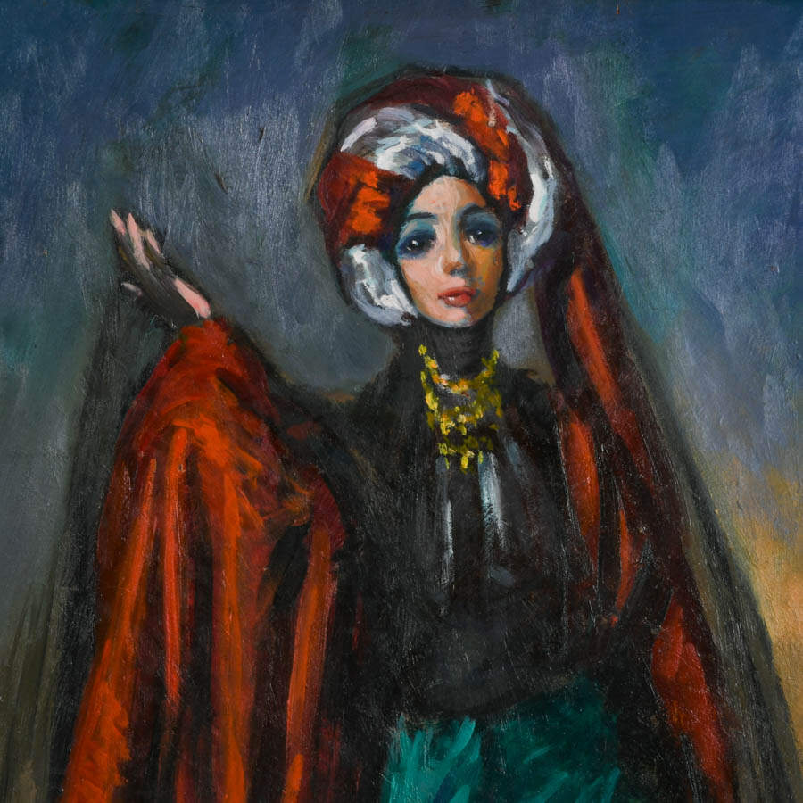 Framed Woman in Turban Oil on Masonite Signed H. Crespo-2