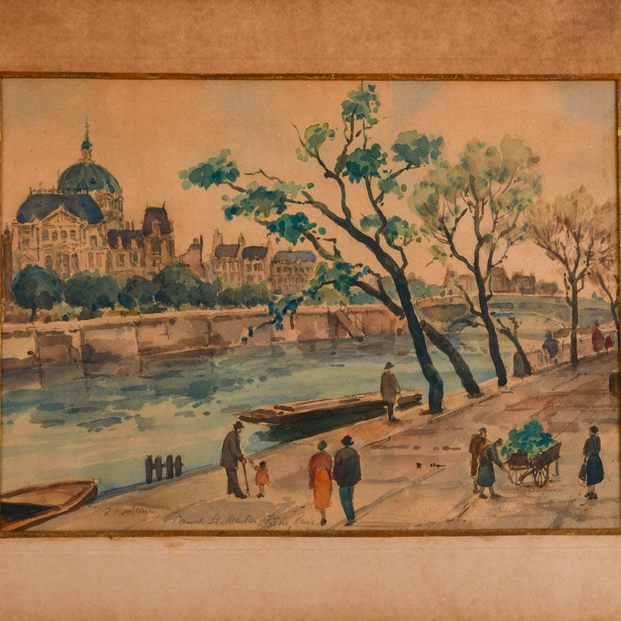 Framed Canal Saint-Martin in Paris Watercolor on Paper Signed R. Montreux-2