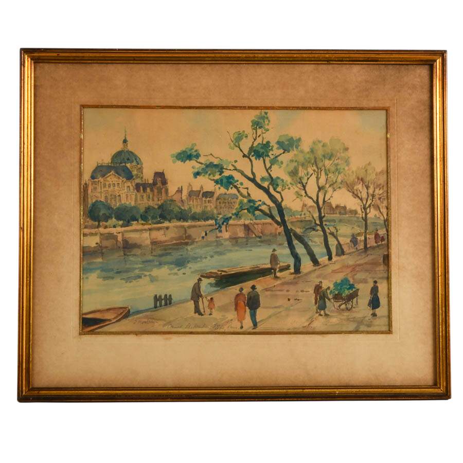 Framed Canal Saint-Martin in Paris Watercolor on Paper Signed R. Montreux-1