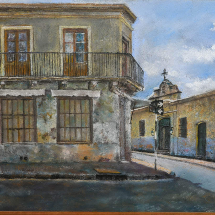Framed Argentina Street Scene Pastels on Paper Signed Luis Sancho 1977-2