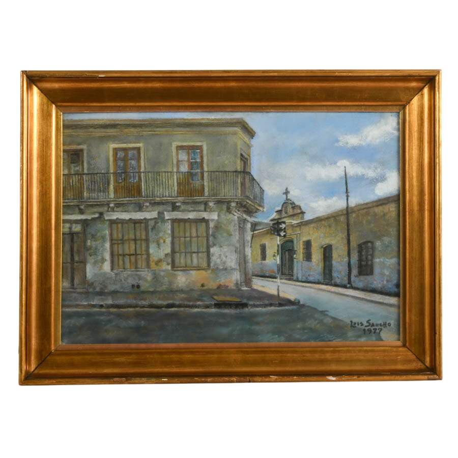 Framed Argentina Street Scene Pastels on Paper Signed Luis Sancho 1977-1