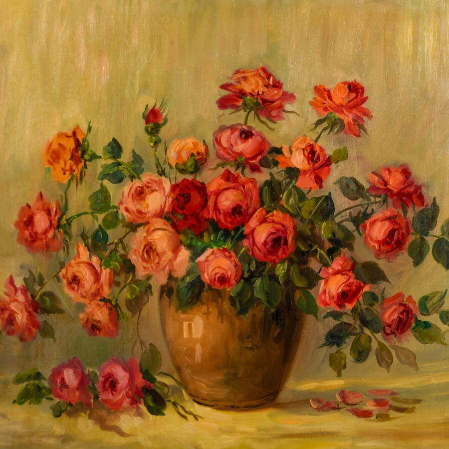 Framed Roses Still Life Oil on Canvas Signed by Martinil-2