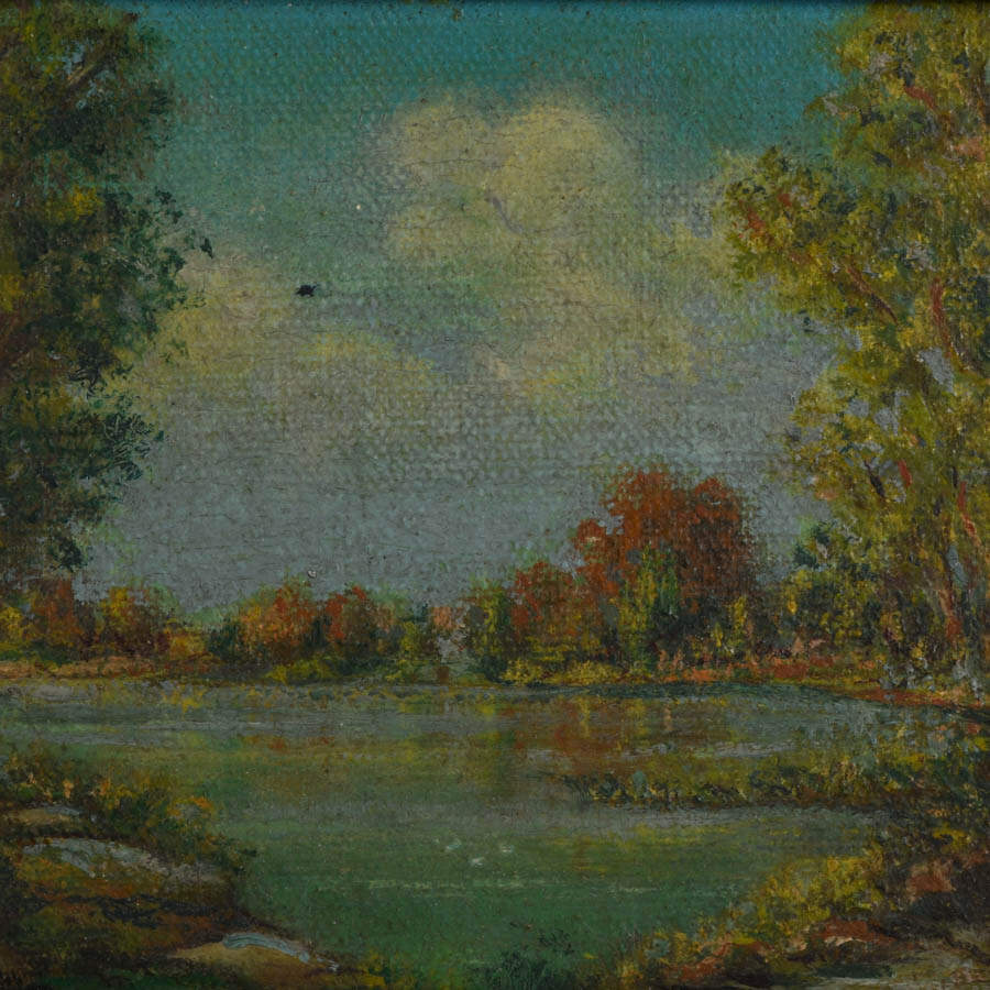 Framed Small Lakeside Landscape Oil on Board Signed Roux-2