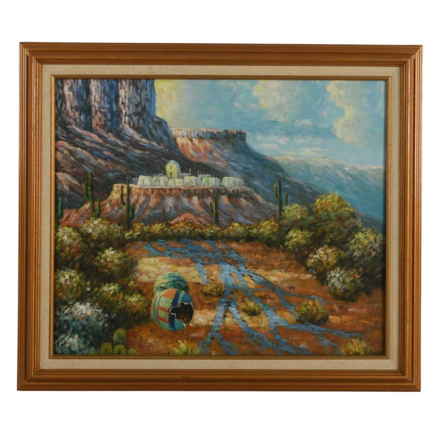 Framed Signed Pueblo Settlement on a Desert Mesa Acrylic on Canvas-1