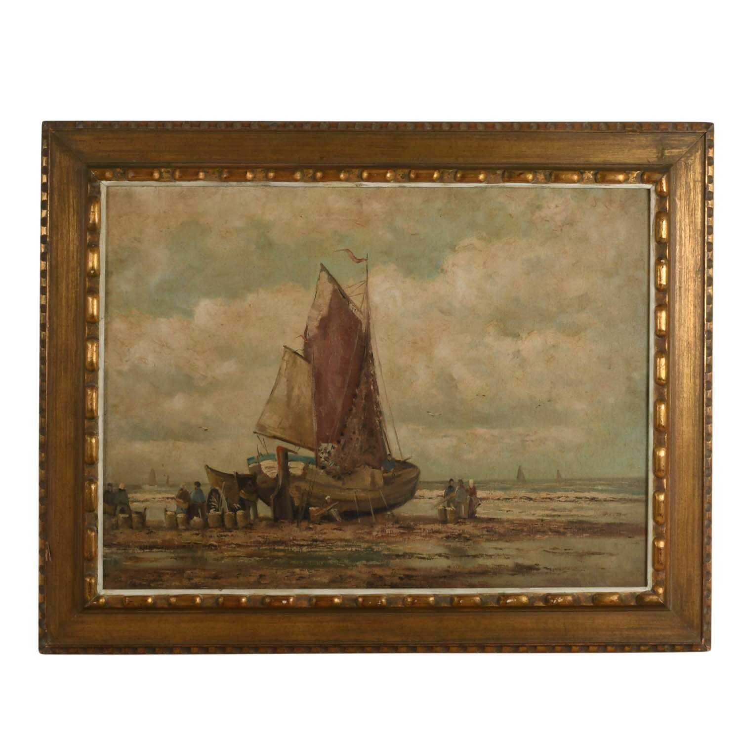 Framed "Fishing Boat on the Beach" Oil on Canvas After Helmut Reuter-1