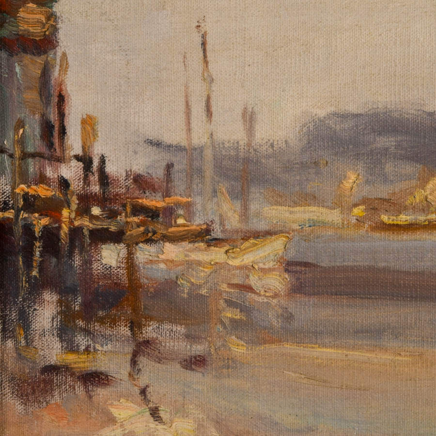 "Harbor View with Boats" Oil on Canvas Overboard Signed by Arnold E. Turtle-3