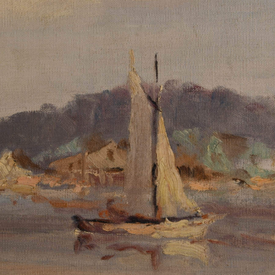 "Harbor View with Boats" Oil on Canvas Overboard Signed by Arnold E. Turtle-2