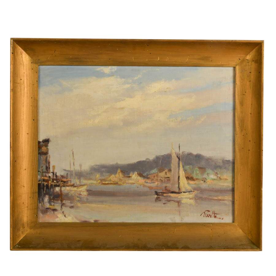 "Harbor View with Boats" Oil on Canvas Overboard Signed by Arnold E. Turtle-1