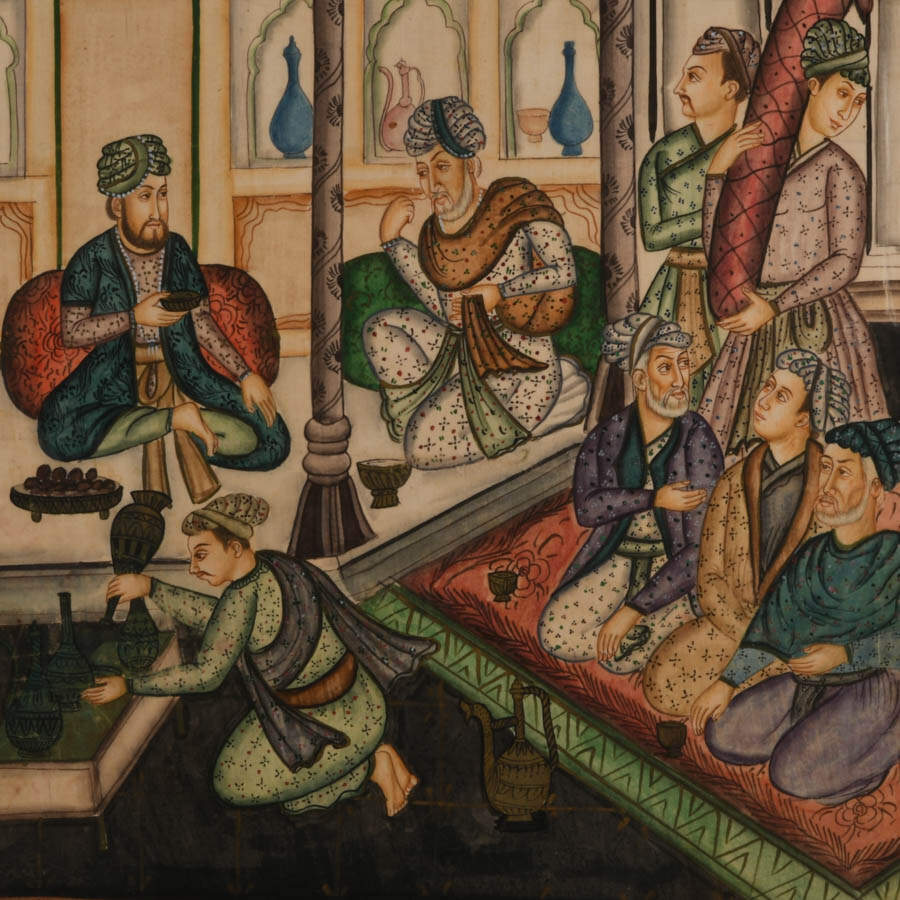 Framed Mughal Miniature Gouache on Silk Canvas-2