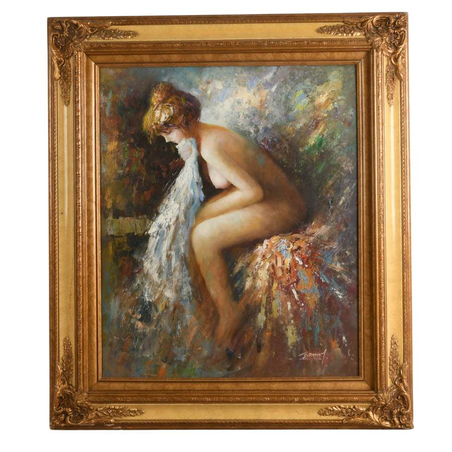 Framed Semi-Nude Woman Oil on Canvas Signed by B Danny-1