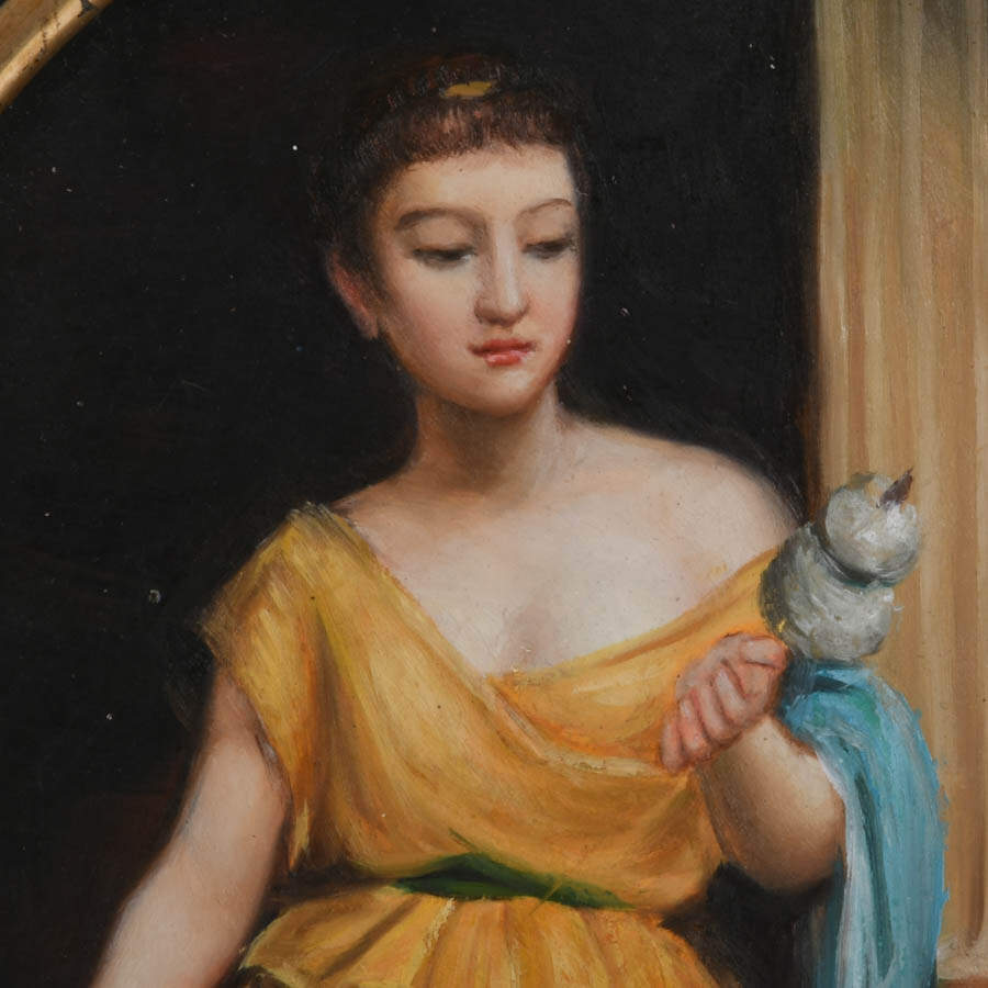 Antique "La Fileuse" After John William Waterhouse Oil on Board Painting-2