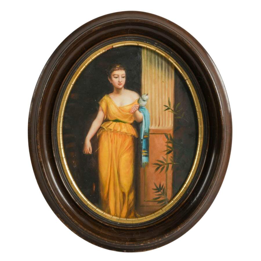Antique "La Fileuse" After John William Waterhouse Oil on Board Painting-1