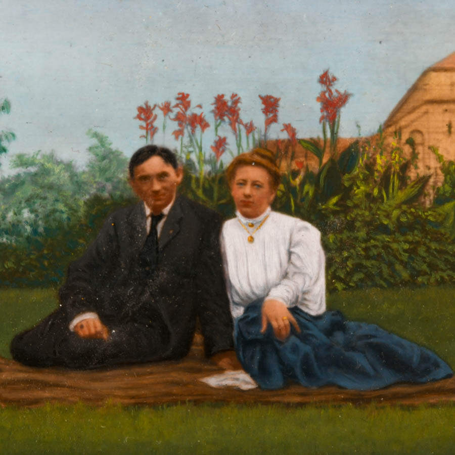 Antique Outdoor Couples' Portrait Reverse Painting on Glass-3