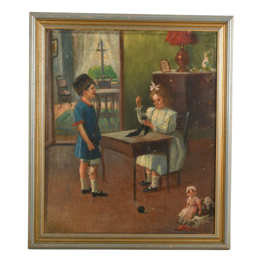 Framed Portrait of Two Children Oil on Linen Over Board Signed Mator A.-1