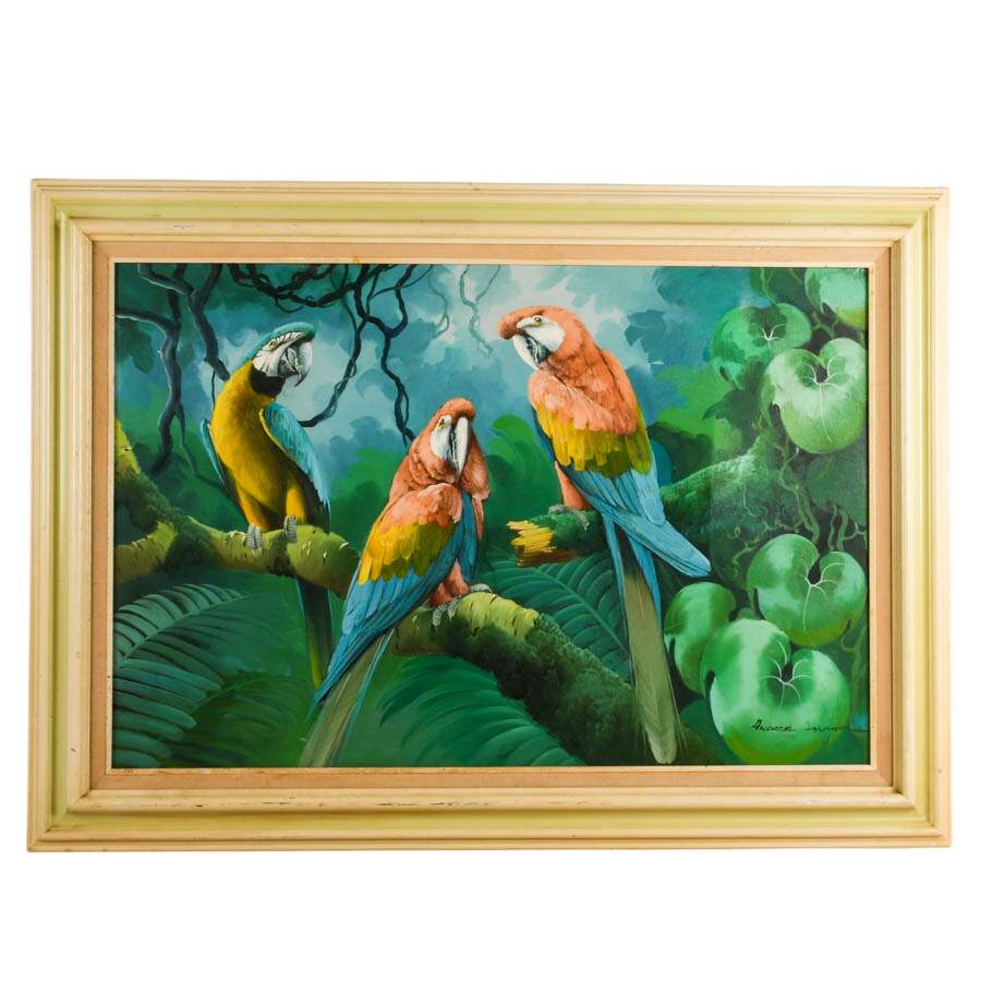Framed "Three Parrots" Oil on Canvas Signed by Andre Lange-1