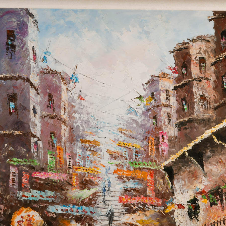 Framed "Ladder Street, Hong Kong" Oil on Canvas Signed by Tang Ping-3