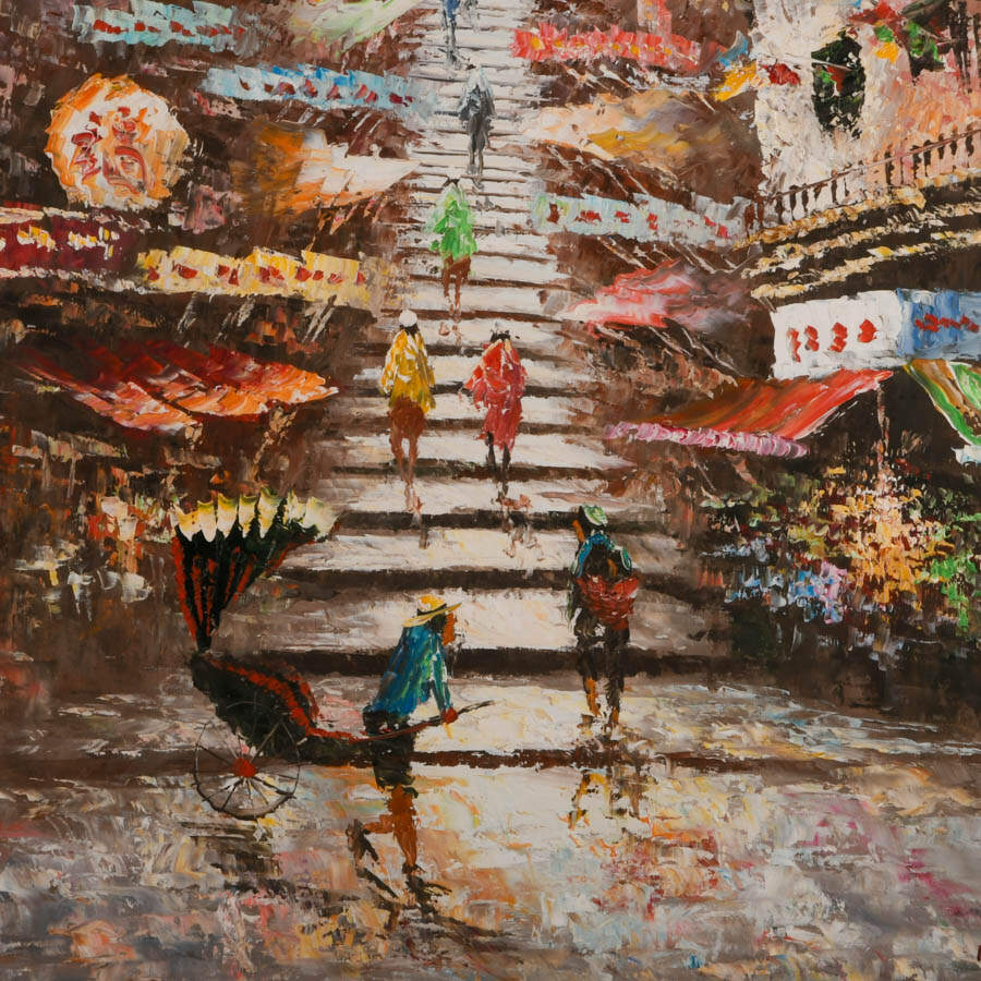 Framed "Ladder Street, Hong Kong" Oil on Canvas Signed by Tang Ping-2