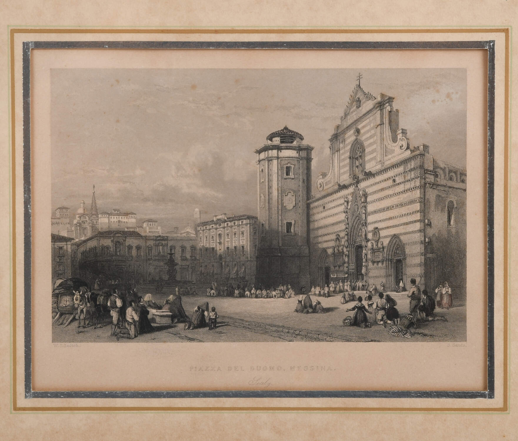 Framed City Square Etchings of Catania and Messina, Italy-6