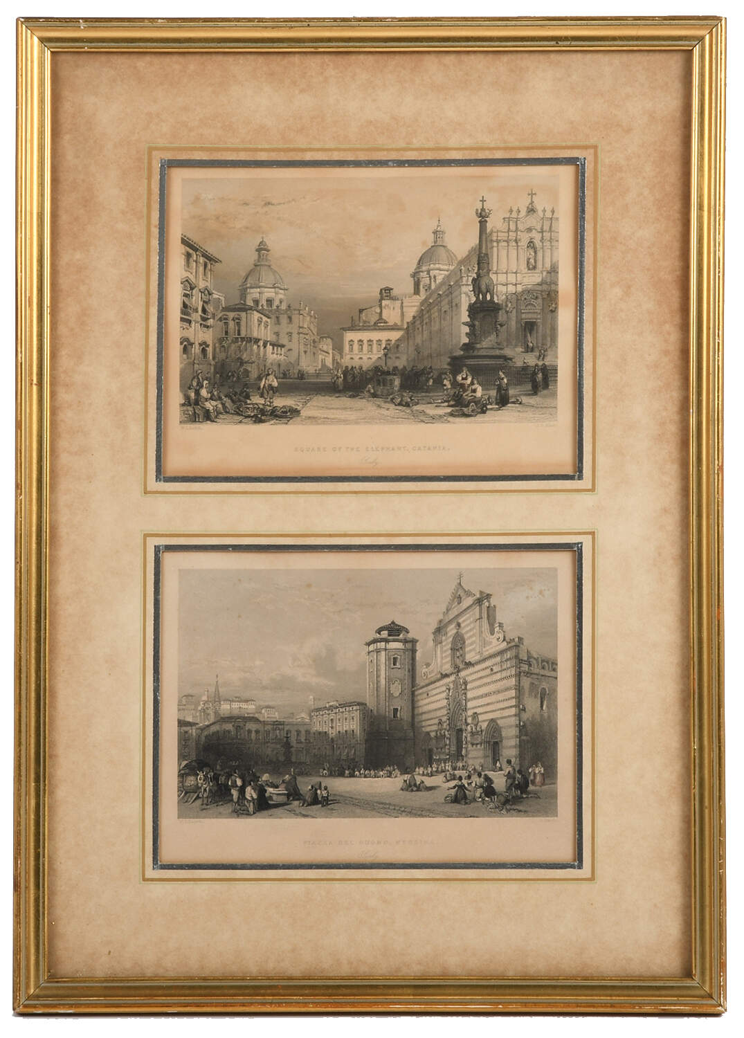 Framed City Square Etchings of Catania and Messina, Italy-1