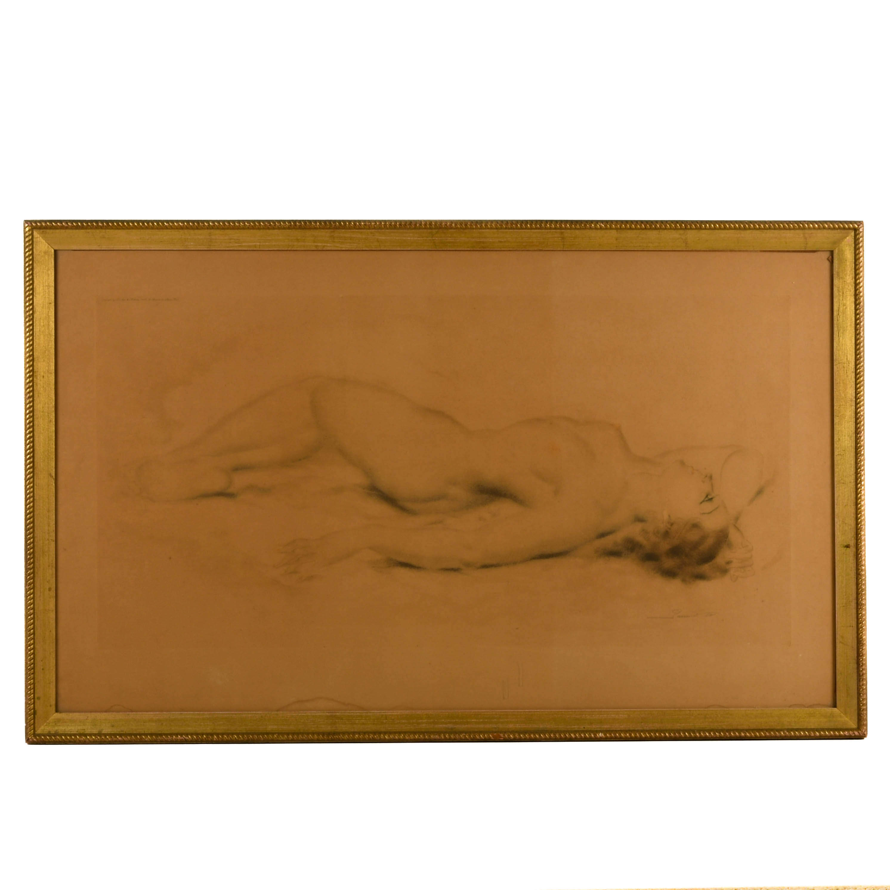 Framed Signed Albert Jean Adolphe "Portrait of a Nude Woman" Lithograph-1