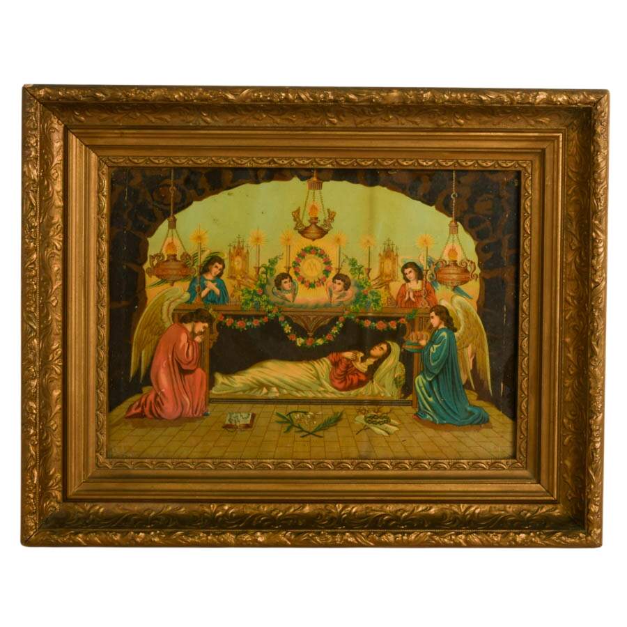 Antique Framed "The Holy Grave of Mary" Chromolithograph Print-1