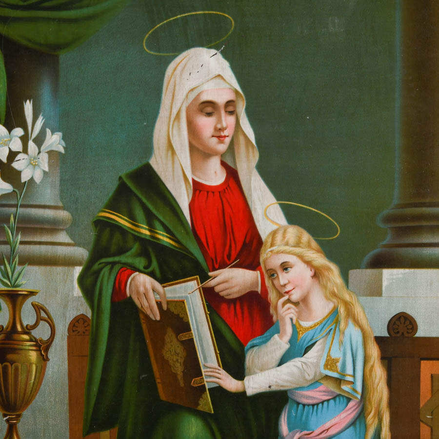Antique Saint Anne Teaching the Virgin Mary Tin Print-2