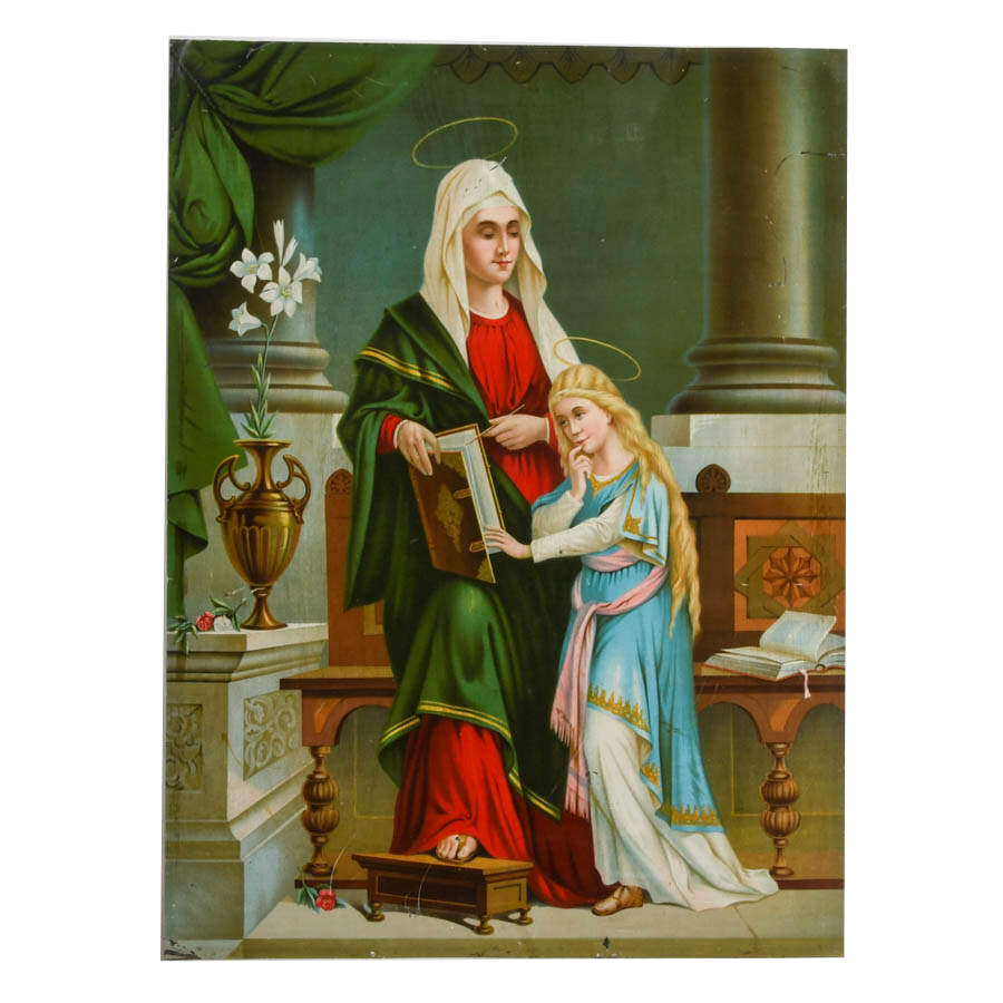 Antique Saint Anne Teaching the Virgin Mary Tin Print-1