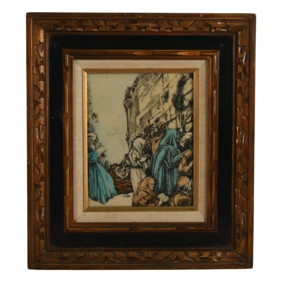Framed "Western Wall" Ivorine Colored Etching Signed After Saul Raskin-1