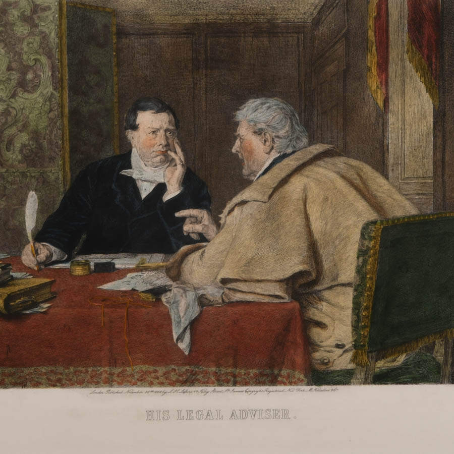 Framed "His Legal Adviser" Hand-Colored Engraving on Paper-2
