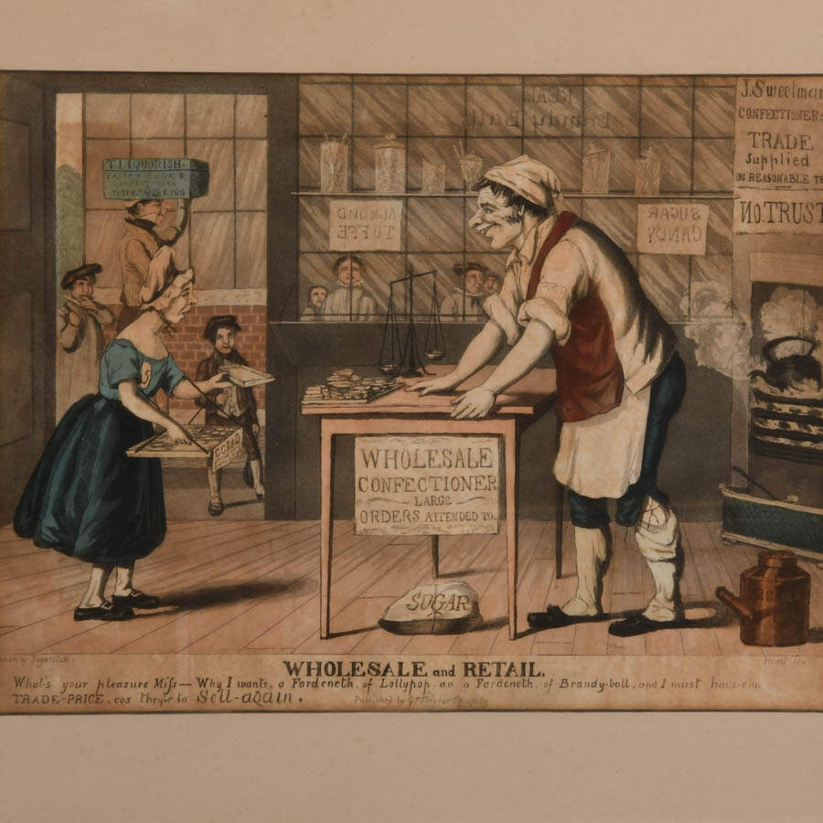 Framed "Wholesale and Retail" Hand-Colored Etching Engraved by Charles Hunt-2