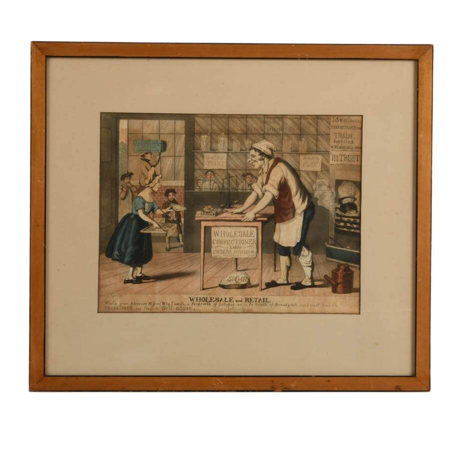 Framed "Wholesale and Retail" Hand-Colored Etching Engraved by Charles Hunt-1