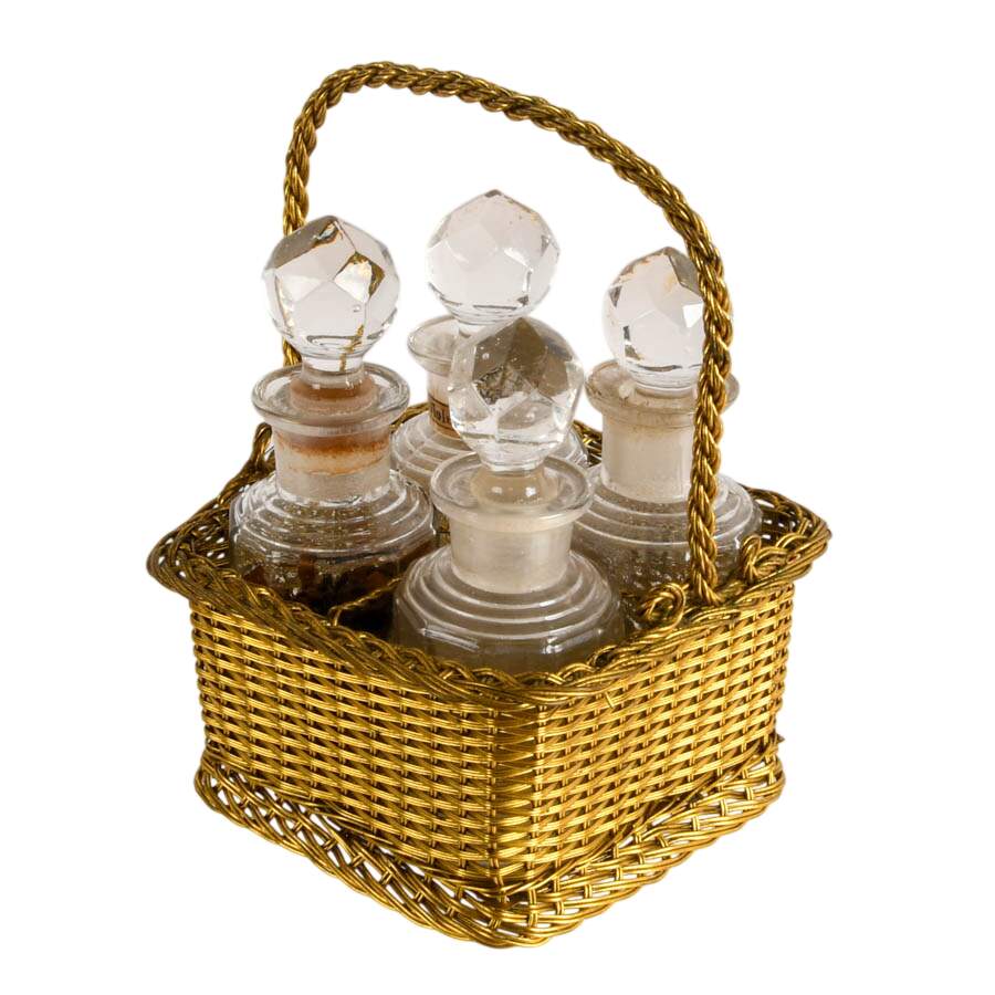 Art Deco French Gilt Perfume Basket with Bottles-2