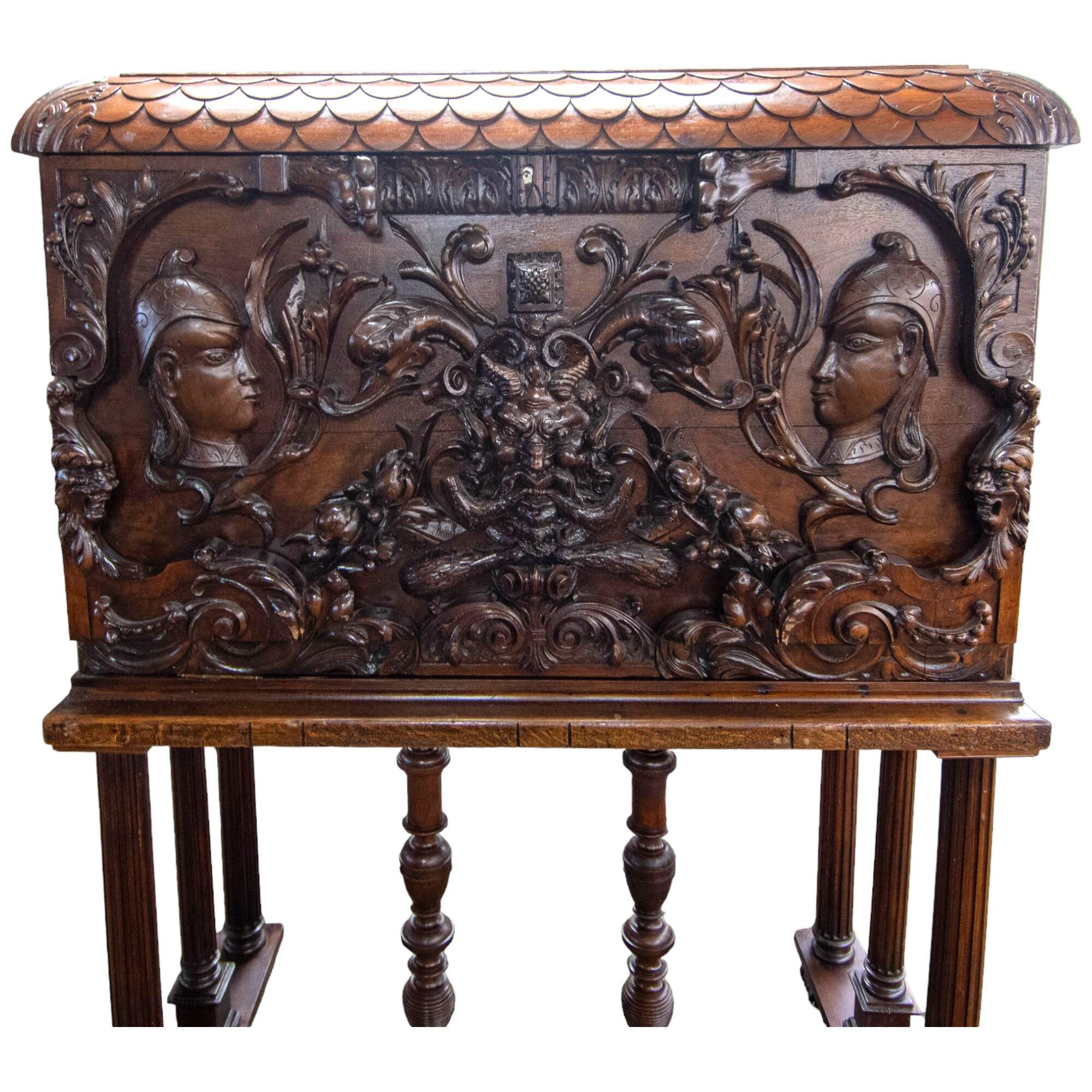 Antique 19th-Century European Baroque Carved Vargueno Travel Desk-2