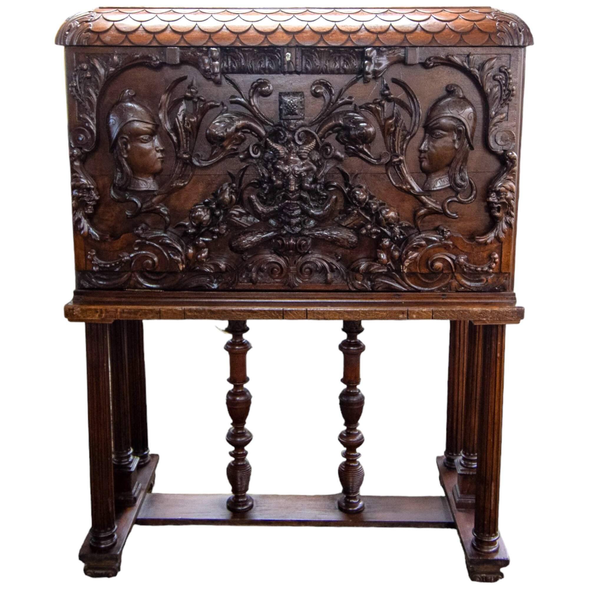 Antique 19th-Century European Baroque Carved Vargueno Travel Desk-1