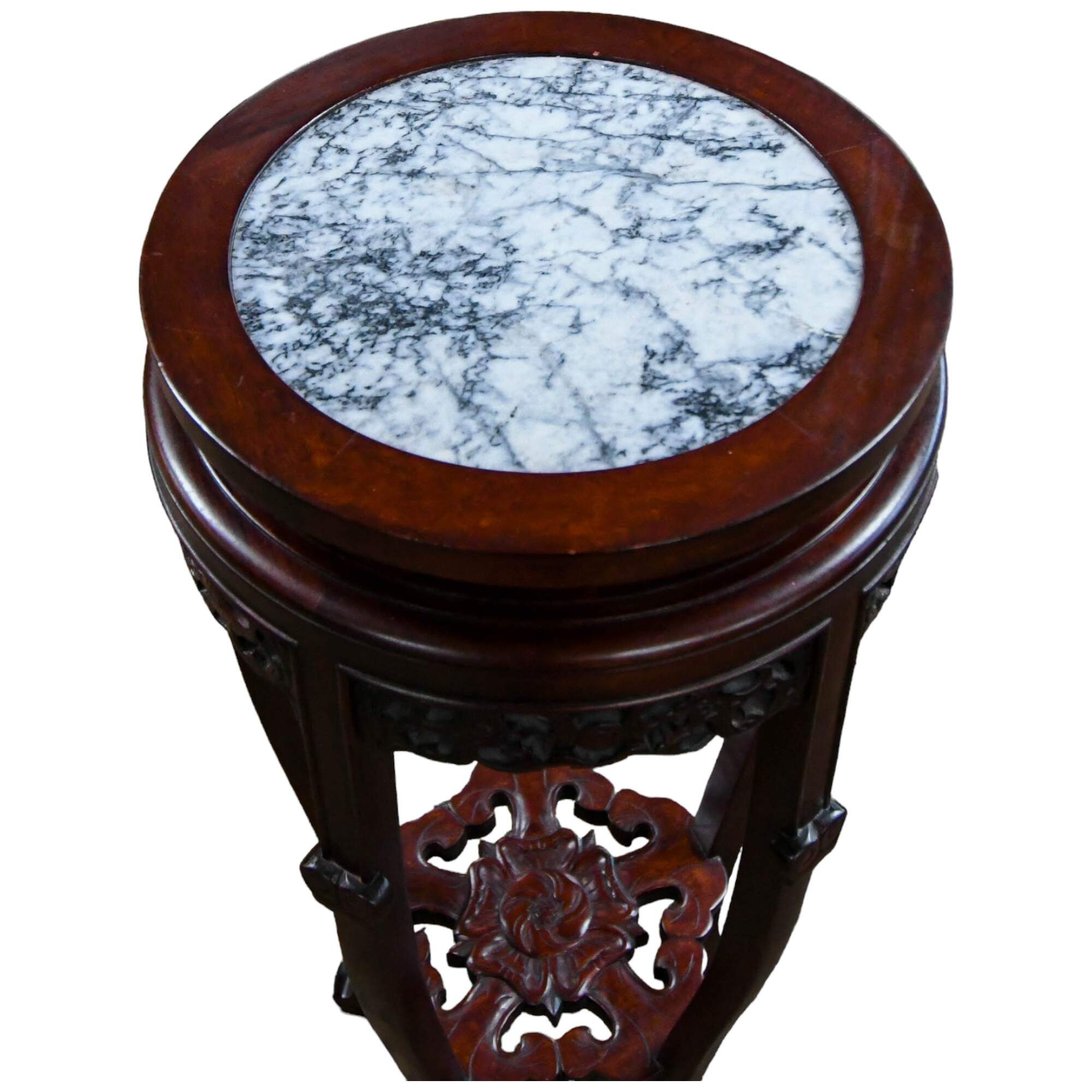Chinese Dark Rosewood Carved Marble Top Stand-3