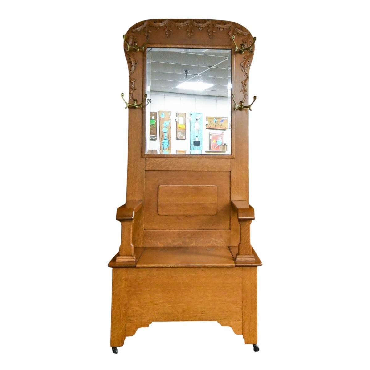 Vintage White Oak Coat Rack Bench-10