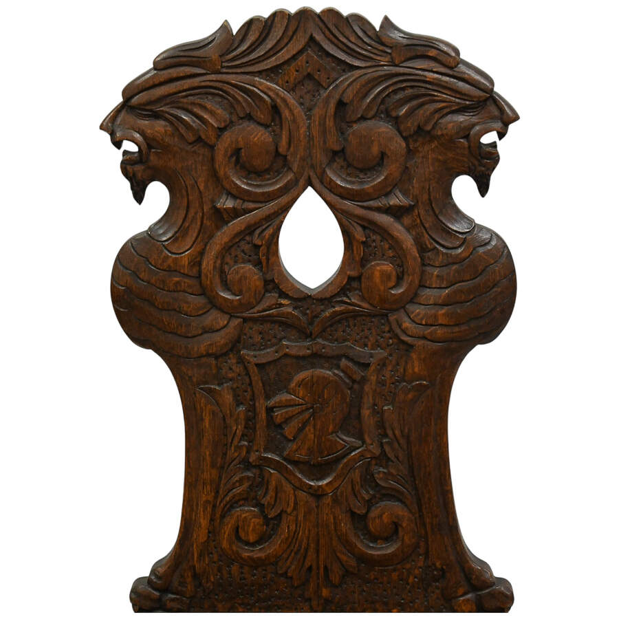Antique Handcrafted Oak Sgabello Griffon Hall Chair-5