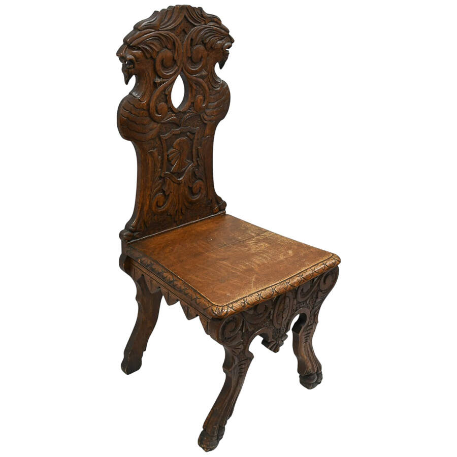 Antique Handcrafted Oak Sgabello Griffon Hall Chair-2