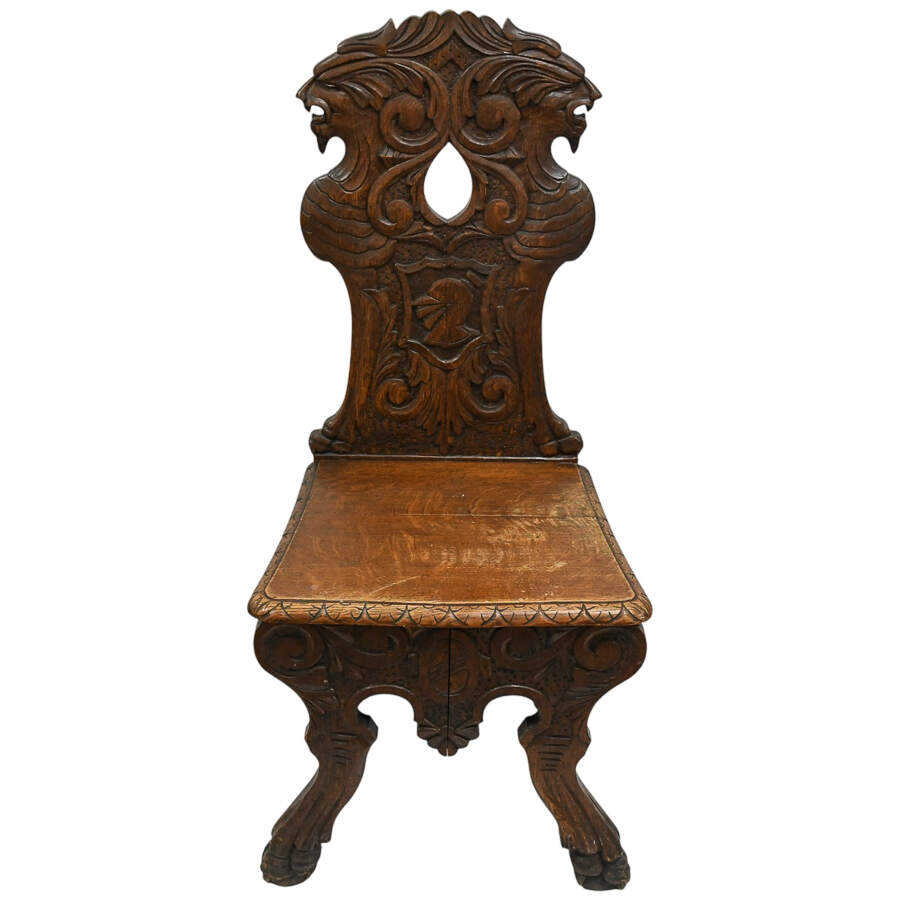 Antique Handcrafted Oak Sgabello Griffon Hall Chair-1